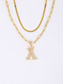 Set de 2 collares con colgante de letra con circonita cúbica elegante, tono dorado de cobre, apilables, accesorio de joyería de regalo - Dorado - Ver 4