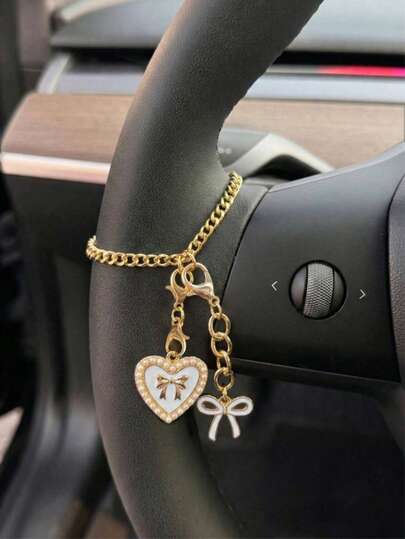 1pc Elegant Cute Heart-Shaped Bow Steering Wheel Decor Chain, Zinc Alloy Car Hanging Pendant, Sweet Car Accessories For Women, Mother's Day Gift, Car Interior Decoration