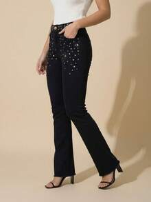 pthirillo Women's Black Flare Jeans With High-Waisted Butt-Lifting Effect And Rhinestone Detail. - 水鑽和串珠混合腰帶 - 查看 3