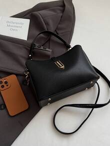 Fashionable & Elegant Solid Color Wide Strap PU Leather Women Tote Bag Shoulder Bag - Black - View 7