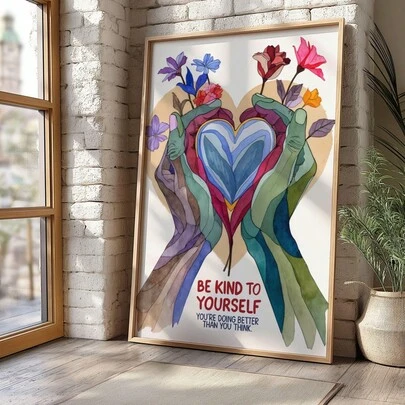 1 pieza Pintura de pared en acuarela sobre el cuidado personal, regalo de autocuidado, citas florales para la salud mental, cartel motivacional de manos sosteniendo un corazón, citas de afirmación impresas