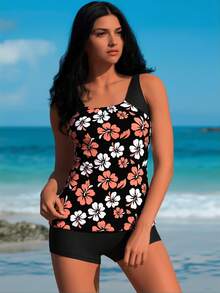 2026  Tankini Bathing Suit For Women, Pink And White Hibiscus Print Top With Black Boyshort Bottoms - Flower color(花色) - 查看 1