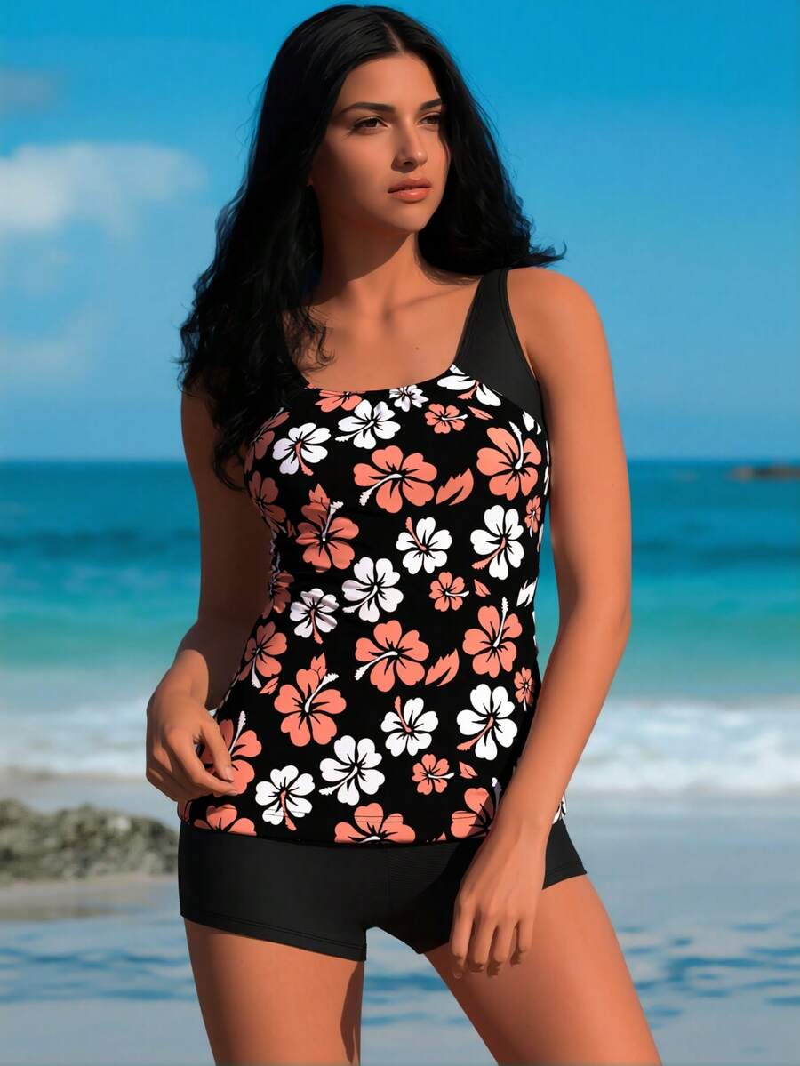 2026  Tankini Bathing Suit For Women, Pink And White Hibiscus Print Top With Black Boyshort Bottoms - Flower color(花色) - 查看 1