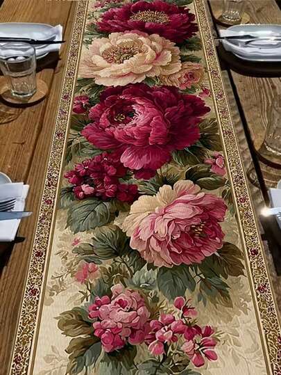 1 قطعة من عداء الطاولة الأنيق المزين بالزهور المناسب ل- - الزهور الكبيرة والتصميم بألوان البيج والبني الداكن، قماش مناسب للأعراس والولائم وطاولات البوفيه - غطاء زخرفي متعدد الاستخدامات للمنزل والمطاعم والفعاليات والديكور العيدي 13x35.4/47.2/63/72/78.7 بوصة