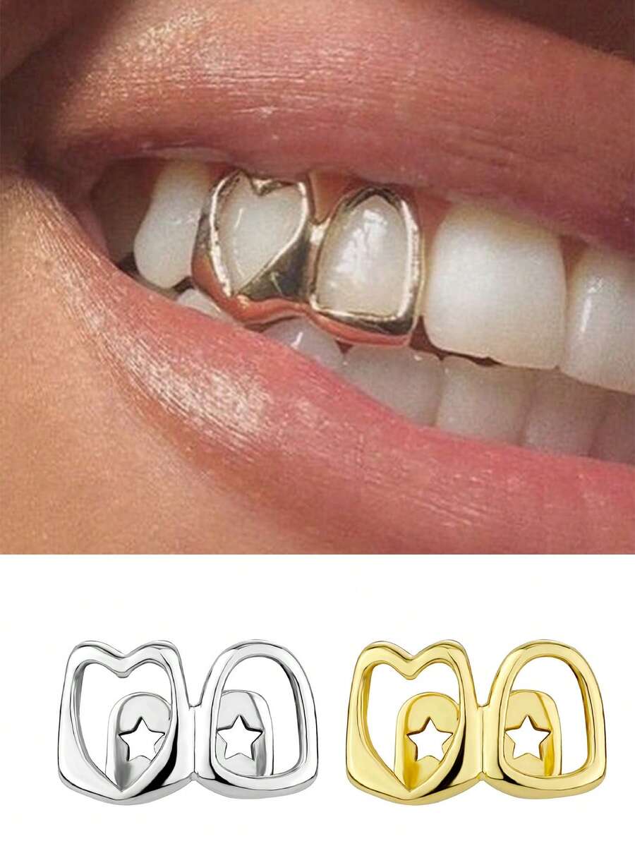 1件不对称镂空心形闪亮双色经典嘻哈牙齿饰品，男女皆宜的节日礼物 - 彩色 - 查看 1