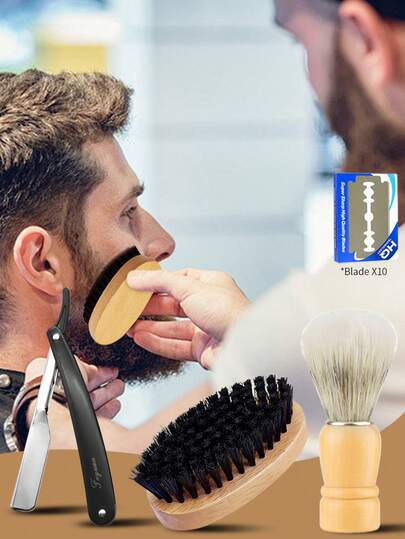 J·FOCUS Men's Beard Care Set - Folding Razor + Shaving Brush + Beard Brush + 10 Replacement Blades, Portable Grooming Tools With Soft Bristle Brush For Daily Styling And Home/Travel Use, Ideal Gift For Valentine's Day, Birthday, Mother's Day, Father's Day - For Boyfriend, Girlfriend, Business Gathering