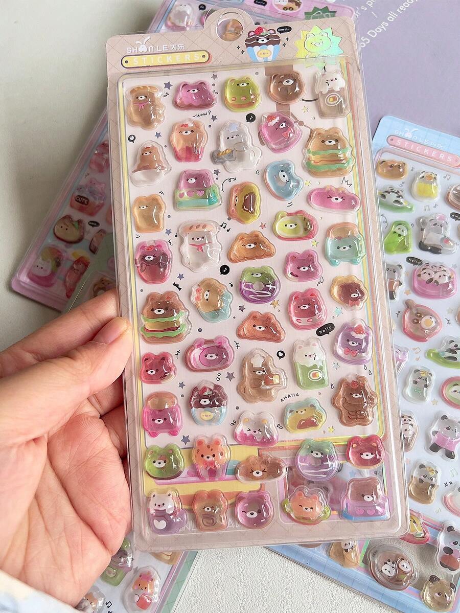 3D水晶浮雕贴纸，仓鼠汉堡和甜点图案，厚实卡通贴纸，适用于DIY水瓶、手机壳、剪贴簿等。 - 彩色 - 查看 1