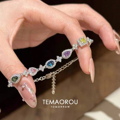 1件闪亮多色立方氧化锆镶嵌手链，女士时尚珠宝礼品