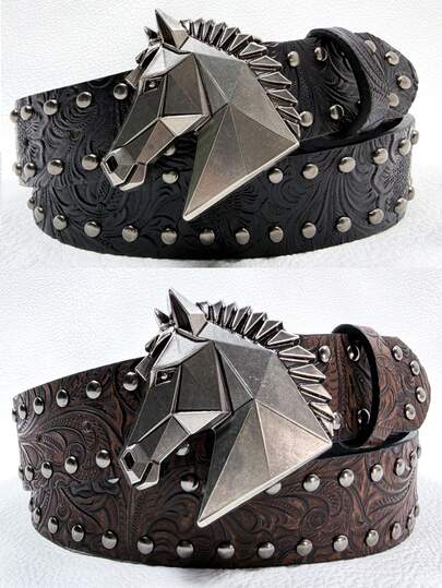 1pc Unisex Dark Geometric Horse Head Punk Style Studded Vintage Embossed Leather Belt, Limited Edition New Year Gift