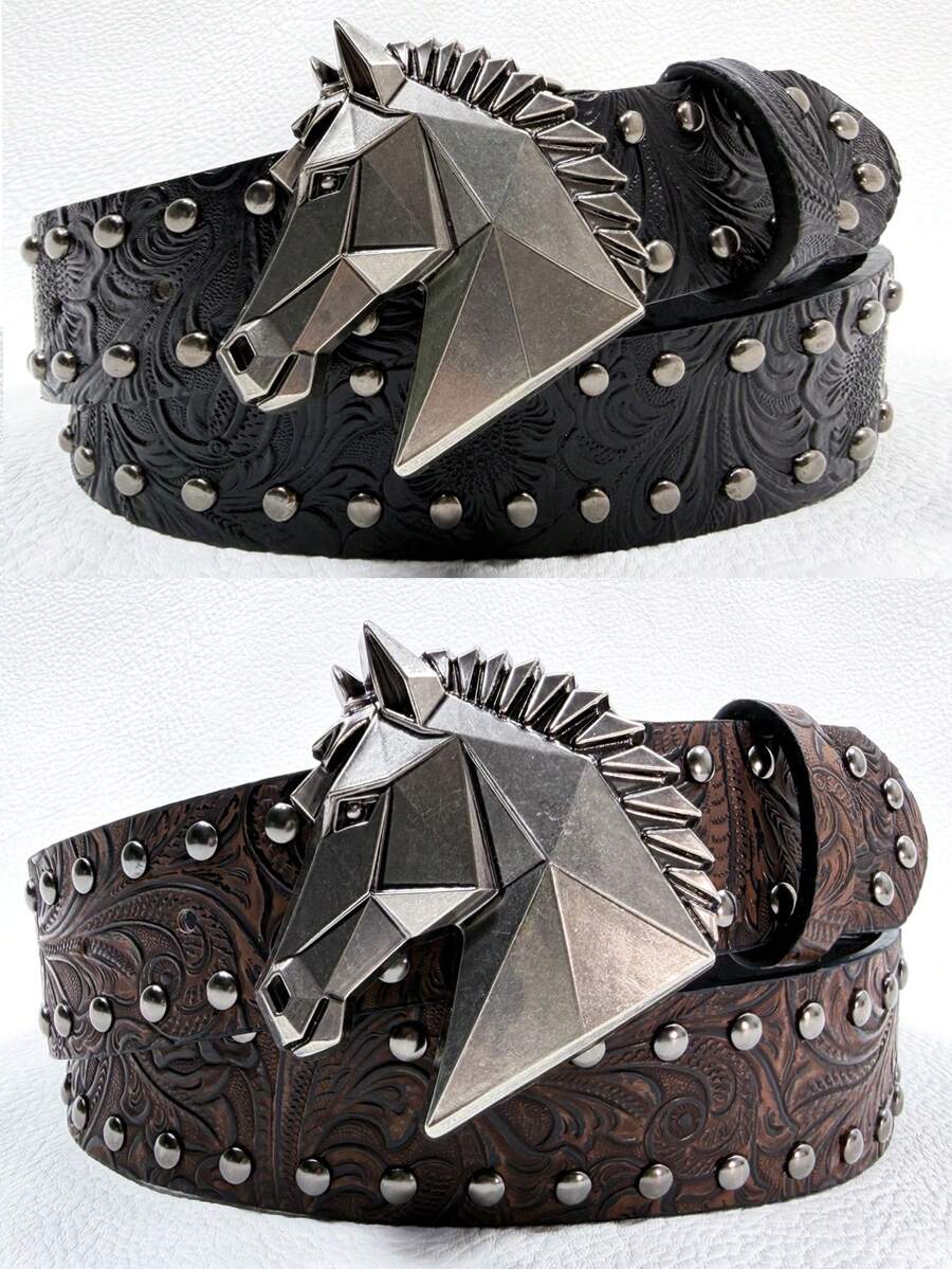 1pc Unisex Dark Geometric Horse Head Punk Style Studded Vintage Embossed Leather Belt, Limited Edition New Year Gift - Multicolor - View 1