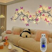 1Pc Purple Butterfly Vine LED String Lights, 8 Lighting Modes USB Fairy Lights For Bedroom Wall Decor, Aesthetic Room Decor For Teen Girl, Dorm, Party - 紫羅蘭蝴蝶藤條燈 - 查看 3