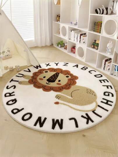 1pc Cartoon Lion Letter Round Rug, Decorative Carpet, Soft & Comfortable Foldable Easy To Clean, Suitable For Bedroom, Living Room, Study, Home Decor Rug, Play Mat, Area Rug, Bedroom Decor, Small Rug, Living Room Carpet