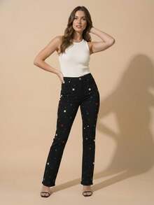 pthirillo Women's Black Flare Jeans With High-Waisted Butt-Lifting Effect And Rhinestone Detail. - 彩色水鑽和水鑽混合物 - 查看 4