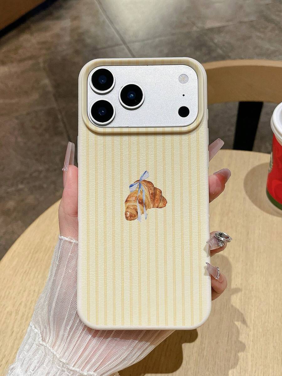 马卡龙纹理软硅胶手机壳，配蓝色丝带、米色条纹和仿皮纹理，防摔防刮，可爱美食美学设计，兼容 11/12/13/14/15/16/16 Plus/17/17 Pro/17 Pro Max 和 Galaxy S24 Ultra/S25 Ultra/A06 - 白色 - 查看 1