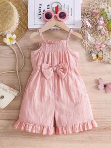 Bộ áo liền quần màu hồng thắt nơ cho bé gái, chất liệu cotton, kiểu dáng công chúa, khoét lỗ, dây đeo xếp ly, phong cách mùa hè. - Màu Hồng  San hô - Xem 1