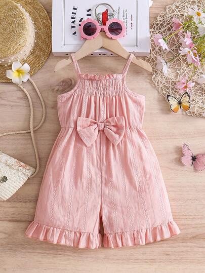 女童粉色蝴蝶结连体衣，夏季纯棉镂空荷叶边吊带公主风