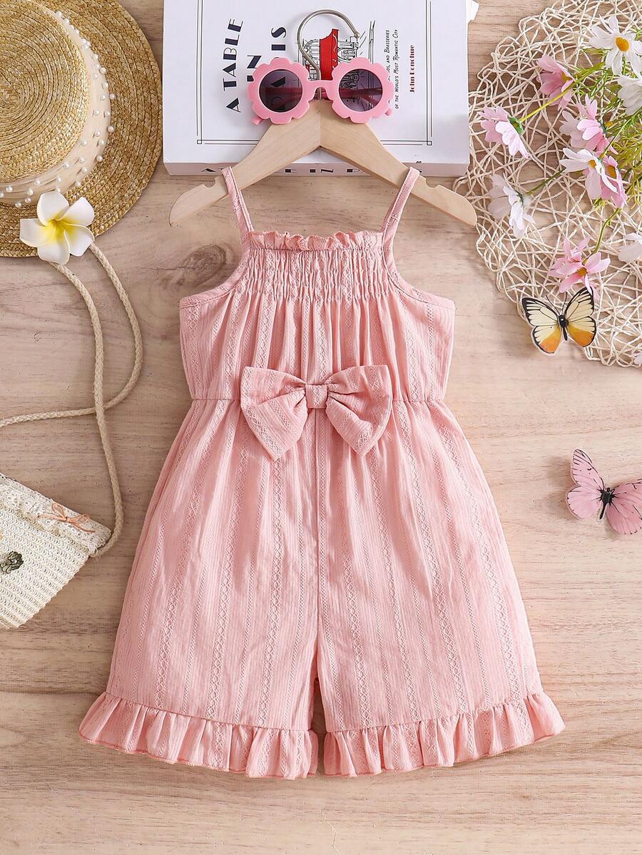 Bộ áo liền quần màu hồng thắt nơ cho bé gái, chất liệu cotton, kiểu dáng công chúa, khoét lỗ, dây đeo xếp ly, phong cách mùa hè. - Màu Hồng  San hô - Xem 1