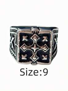 1pc Vintage Gothic Cross Engraved Floral Pattern Stainless Steel Ring, 316L Stainless Steel With Plating, Durable Waterproof Non-Fading Hypoallergenic, Suitable For Casual Wear And Fashion Styling - Silver - View 28