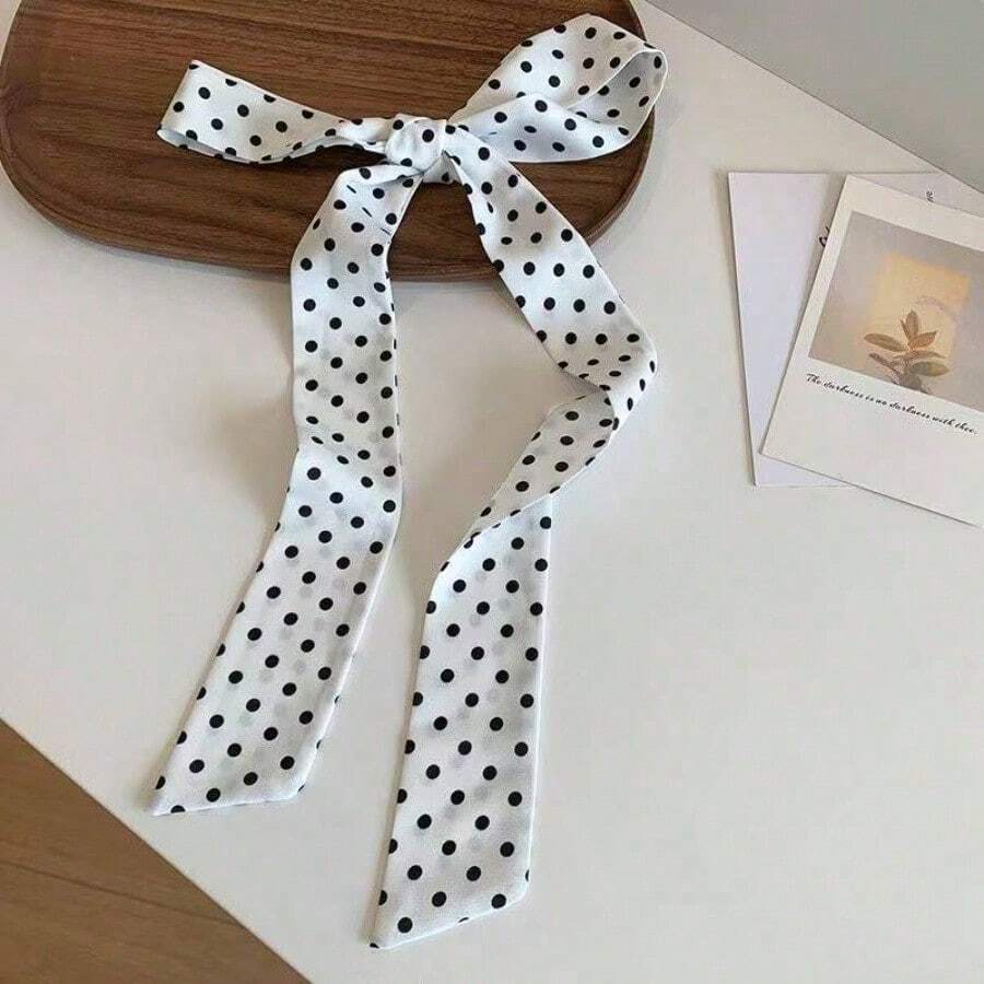 Korean Long Black And White Polka Dot Silk Scarf, Spring And Summer New Neck Scarf, Decorative Versatile Temperament With Shirt Streamer - 白色 - 查看 1