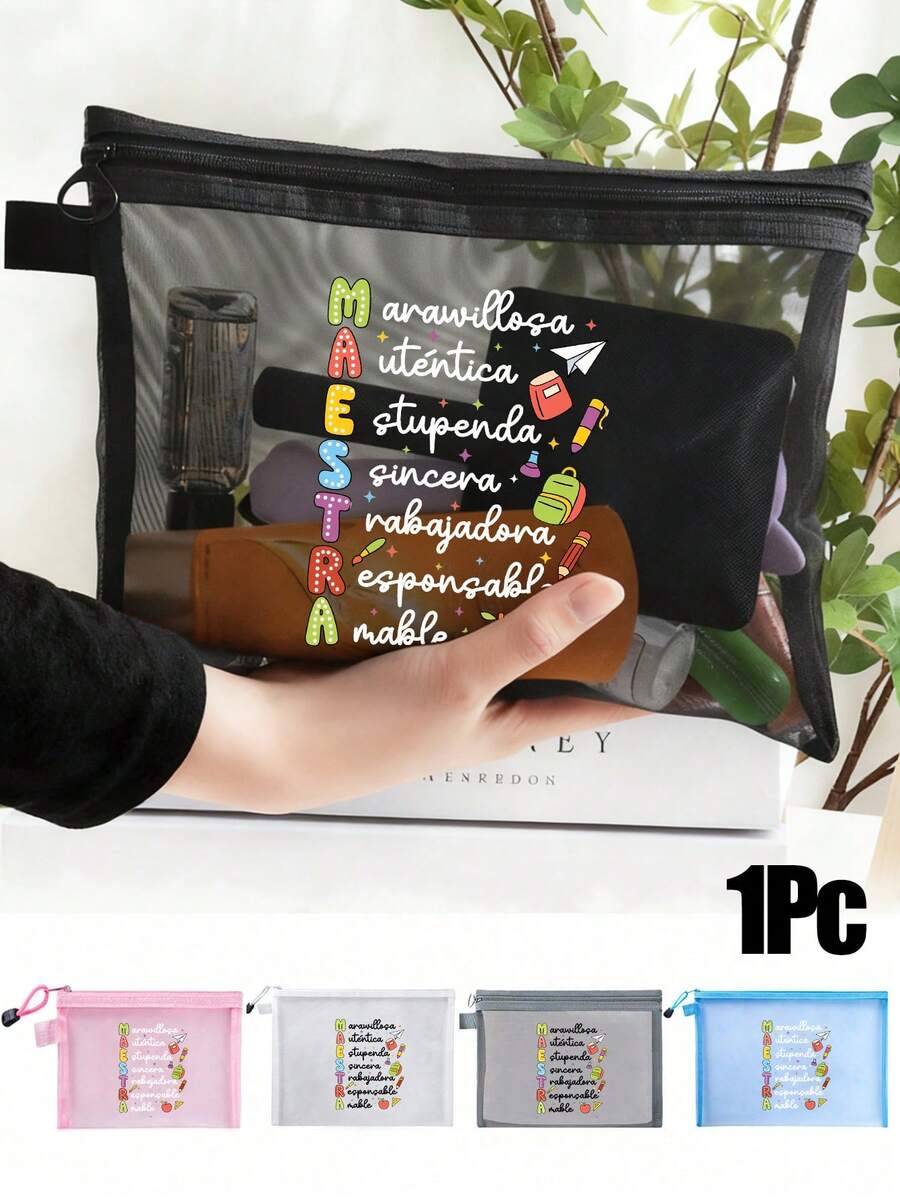 Sac en maille à thème enseignant, design floral avec le texte "Maestra", sac de rangement en maille transparent, sac de rangement pour cosmétiques, organisateur de toilette portable, cadeau idéal pour les enseignants, accessoires de voyage , Design inspirant, sacs à cosmétiques imprimés de lettres colorées drôles, cadeaux de retour à l'école pour les enseignants, cadeaux pour sœurs, meilleurs cadeaux pour les enseignants, cadeaux d'anniversaire, cadeaux d'anniversaire, cadeaux de remise des diplômes, cadeau créatif pour les enseignants. - Multicolore - Voir 1