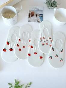 5双可爱甜美日式白色短袜，女士短袜，夏季薄款水果船袜，防滑隐形船袜 - 彩色 - 查看 5