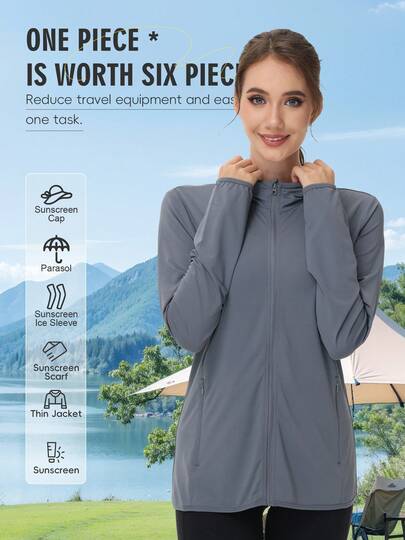 女士轻便春夏运动夹克，纯色弹力休闲连帽外套，适合户外活动、徒步旅行、海滩度假和日常穿着。