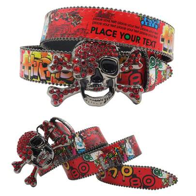 Cinturón con hebilla de calavera de estilo gótico con rhinestones - Cinturón de estilo punk con estampado de grafiti rojo, adecuado para estilo callejero y fiestas