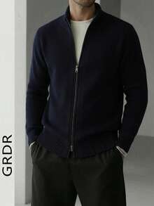 GRDR Men's Crew Neck Long Sleeve Stand Collar Double-Breasted Cardigan Sweater, Versatile For Daily Wear - Navy Blue - View 2