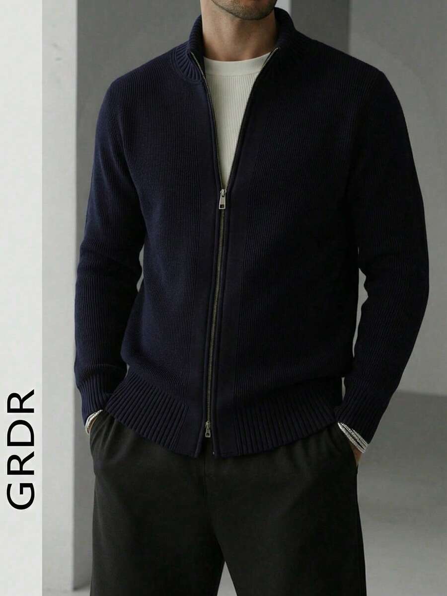 GRDR Men's Crew Neck Long Sleeve Stand Collar Double-Breasted Cardigan Sweater, Versatile For Daily Wear