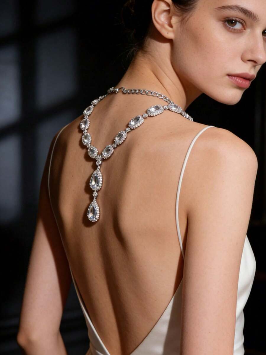 1pc Minimalist Diamond Encrusted Teardrop Shaped Necklace, Elegant Women's Back Chain Necklace - Silver - View 1