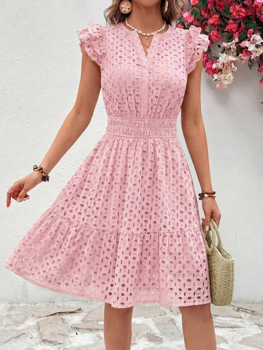 Women's Summer Dresses Eyelet Cap Sleeve V Neck Short Boho Wedding Guest Graduation Dress Beach Vacation Sundresses Rose Red Dresses For Women - Hồng - Xem 1
