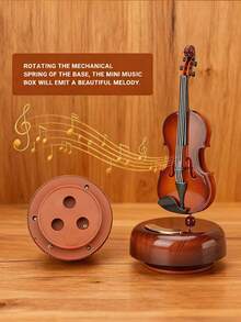 1pc New Rotating Violin Music Box, Lute Shaped Creative Home Decor, Room Decoration, Small Instrument Gift, 8-Sided Wind-Up Music Box, Birthday Gift, Gift For Her, Easter Gift - Retro Music Box - View 4