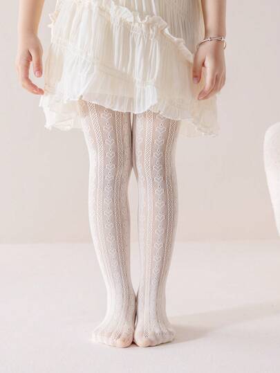 1pc Spring/Summer Beige Kids' Mesh Hollow Heart Tights, Minimalist Classic Chic, Skin-Friendly Comfortable Lightweight Breathable Versatile Pantyhose, Suitable For Daily Wear, Holidays, Parties, Travel, Back To School