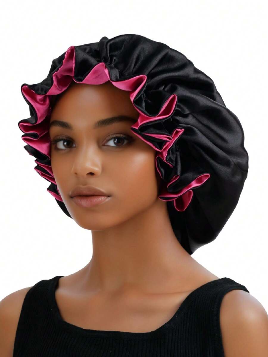 1pc Two Tone Satin Hat Silk Bonnet Satin Bonnet Hair Sleep Cap Sleep Bonnet - Hot Pink - View 1