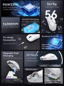 X6 轻量级 PAW3395 无线蓝牙可充电 RGB 底座游戏鼠标，3 种模式 - 查看 3