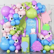 104件套粉蓝气球拱门套装，包含蓝色、绿色、粉色、紫色乳胶气球，适用于生日派对、小怪兽主题、怪兽公司主题、摄影背景。 - 彩色 - 查看 4