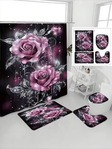 1/4 件套水晶玫瑰花卉印花防水浴帘套装，加厚涤纶防霉浴室帘，含 12 个挂钩、防滑垫、U 型垫和圆形马桶盖套 - A - 查看 4