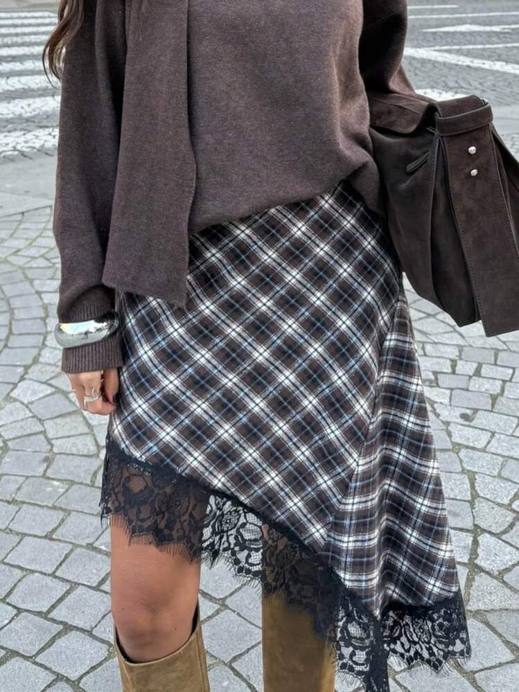 Women's Plaid Print Midi Skirts High Waist Lace Patchwork Skirt Loose Fitted  Irregular Hem Skirts Summer Party Club Skirt Going Out Aesthetic Streetwear - 淺棕 - 查看 2