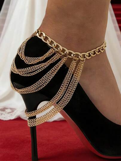 1pc Sexy Multi-Layer Retro Tassel Alloy Anklet Jewelry For Women, Suitable For High Heels Party