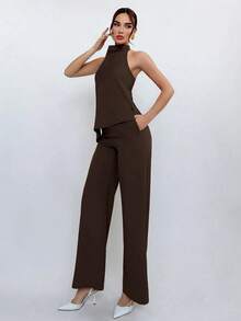 Women's 2-Piece Set Of Halter Neck Top And Pants In Brown, Everyday Style - Brown - View 5