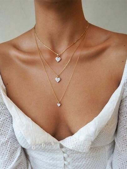 1 pieza Collar gargantilla de cadena multicapa con corazón de strass de moda minimalista estilo europeo y americano para mujeres