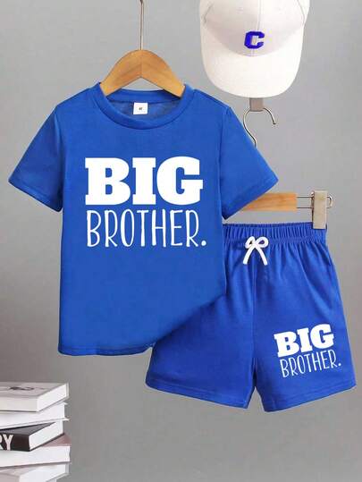 2pcs/Set Boys' Casual Multifunctional Minimalist Letter Print Short Sleeve T-Shirt And Shorts, Suitable For Outdoor, School, Vacation, Travel, Relaxation, Sunbathing And Other Summer Occasions