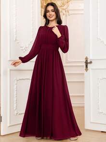 Burgundy Elegant A-Line Long Sleeve Floor-Length Chiffon Formal Bridesmaid Dress, Wedding Guest Dress, Unlined Sleeves Spring - 酒紅色 - 查看 6
