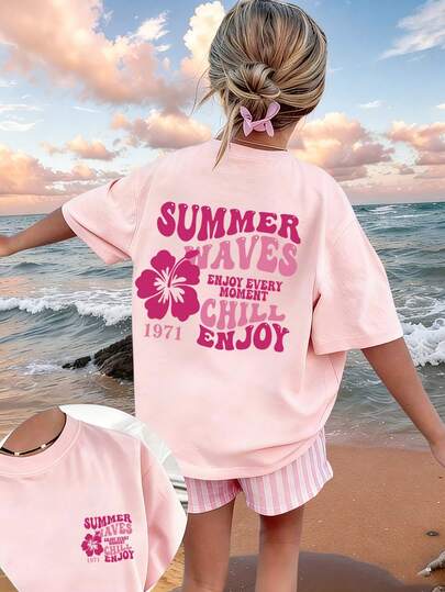 Tween Girl Casual Fun Print Round Neck Short Sleeve T-Shirt Top, Summer
