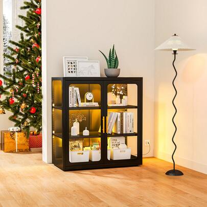 Glass Door Metal Display Cabinet, Complimentary RGB LED Ambient Lights, Antique Cabinet With Adjustable Shelves For Collection, Books, Figurines, And Jewelry. Glass Door Storage Cabinet