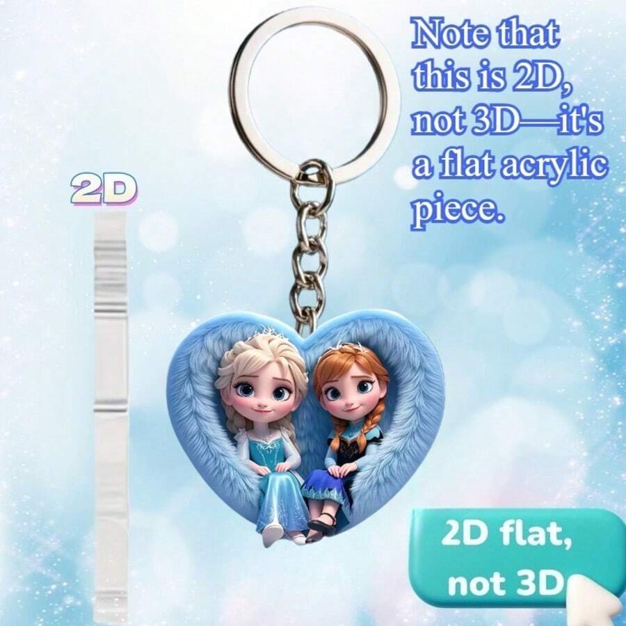 2D Flat, 1pc Disney Frozen Elsa And Anna Blue Heart Shaped Cartoon 2D Acrylic Keychain, Warm And Cute Pendant, Holiday Gift Decor, Car Key Chain, Backpack And Wallet Accessory, Spring Garden Essential, Featured With Classic Characters, Suitable For Vehicles, Bags, Cars, Christmas Trees, Fun Keychain Design | Durable Acrylic 2D Flat - Multicolor - View 1