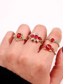 Bộ 4 chiếc nhẫn vàng đính đá đỏ sang trọng, tinh tế, thời trang, cao cấp, đa năng, thích hợp làm quà tặng cho bạn gái, quà cưới hoặc quà đính hôn. - Nhiều màu - Xem 2