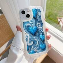 1pc Transparent Wave Shaped Protective Phone Case With Blue Ink Heart Pattern, Suitable For Daily Use Compatible With IPhone17Air/17pro/17promax/17/16e/16/15/14/13/12/11/X/Xr/8/7/GalaxyA14/A15/A54/S24/S24Ultra Series - Clear - View 1