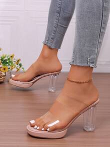 Transparent Strap Sandals, Sexy Crystal Chunky Heel High Heels Slides For Summer - Apricot - View 3