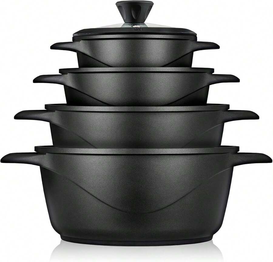 Batería de Cocina Inducción 8 Piezas, ✅Envíos 24/48h✅Aluminio Fundido 4 Ollas con Tapa de Cristal Antiadherente, Briebe, MGK12S, 16-20-24-28 cm, Negro